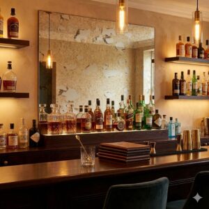bar met antiek blanke spiegel aan de muur en daarvoor flessen