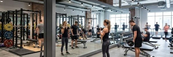 fitnessruimte met grijze wandspiegels